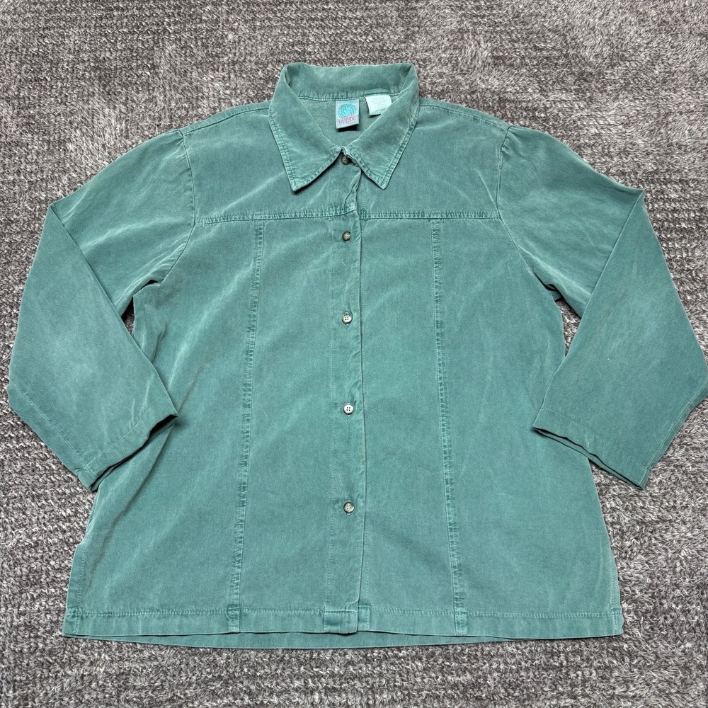 WEK Womens Vintage Button‎ Up Shirt Size Large Green Cotton Long Sleeve Collared